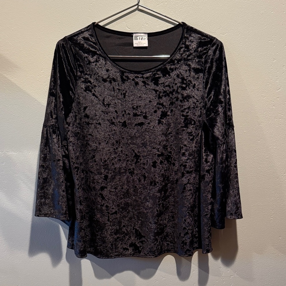 1775 Crushed Black Velvet Women's Blouse 3/4 Bell Sleeve  Top